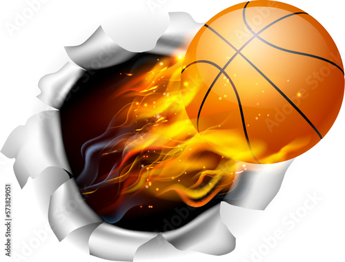 Fototapeta A basketball ball with flames and fire breaking through the background
