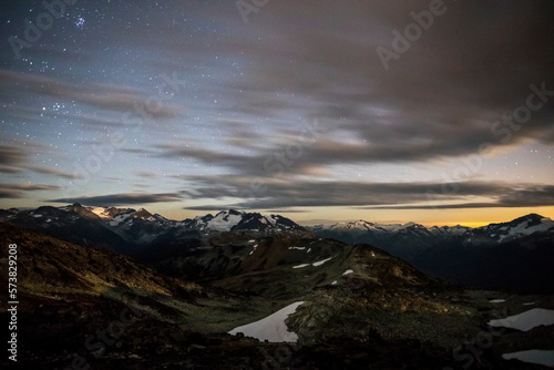 Scenery with mountains at night seen from Whistler Mountain, Garibaldi Provincial Park, Whistler, British Columbia, Canada photo