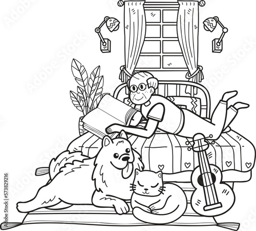 Hand Drawn Elderly reading books with dogs and cats illustration in doodle style