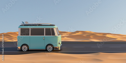 3d render retro camper driving on road in desert area