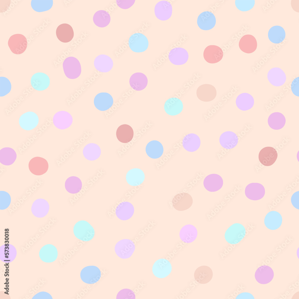 Seamless neutral polka dots pattern. Pink, blue hand-drawn circles on beige background. Abstract points ornament. Vector light baby illustration for baby shower, fabric, print, wrapping paper, textile