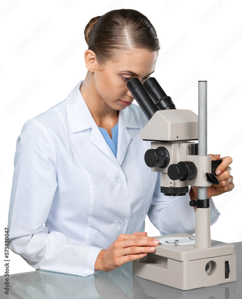 Young Female Scientist Working with Microscope on white background Young Female Scientist Working with Microscope on white background