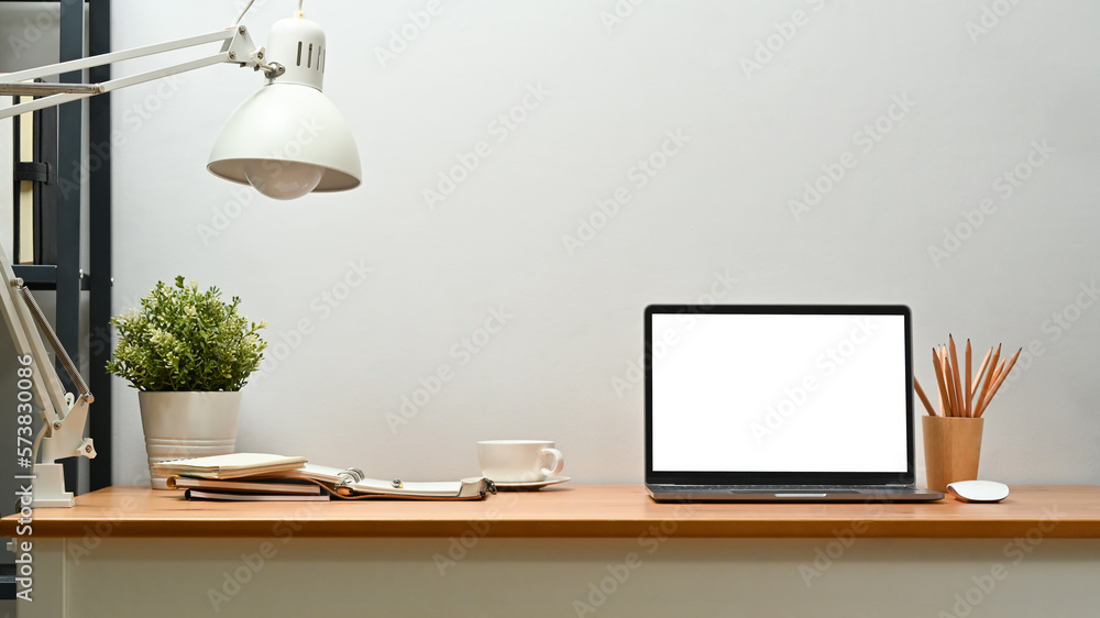 Front view of laptop, potted plant, lamp and supplies on wooden desk. Blank screen for text information or content Front view of laptop, potted plant, lamp and supplies on wooden desk. Blank screen for text information or content