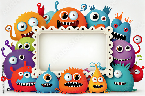 Cute Cartoon Monsters border frame on light white background mock-up copy space made with generative AI