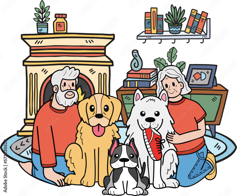 Hand Drawn Elderly sitting with the dog illustration in doodle style Hand Drawn Elderly sitting with the dog illustration in doodle style