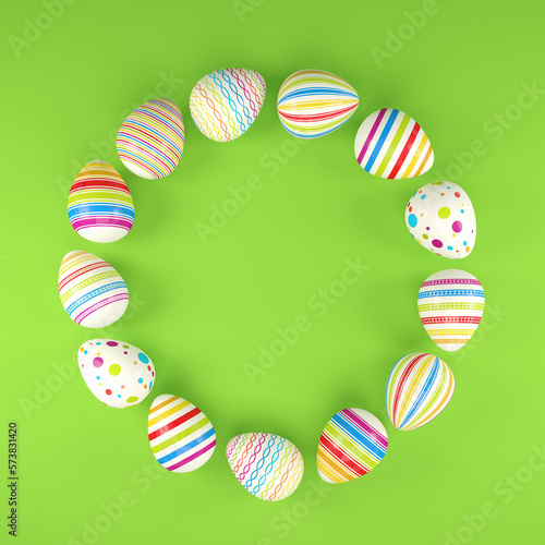 3d render of 13 colorful easter eggs on green background. - Vacation background