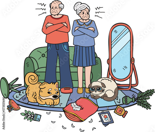 Hand Drawn Elderly scolding cats and dogs illustration in doodle style