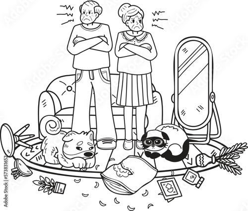 Hand Drawn Elderly scolding cats and dogs illustration in doodle style