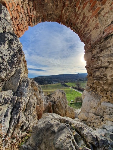 Framed shot: View out of a old medival window at beautiful ruin Rauchkogel in Maria Enzersdorf in Lower Austria