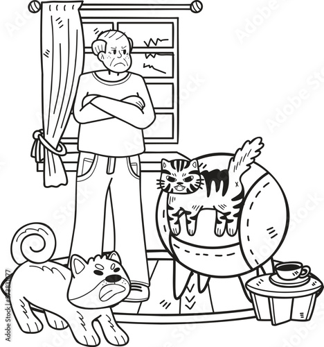 Hand Drawn Elderly scolding cats and dogs illustration in doodle style