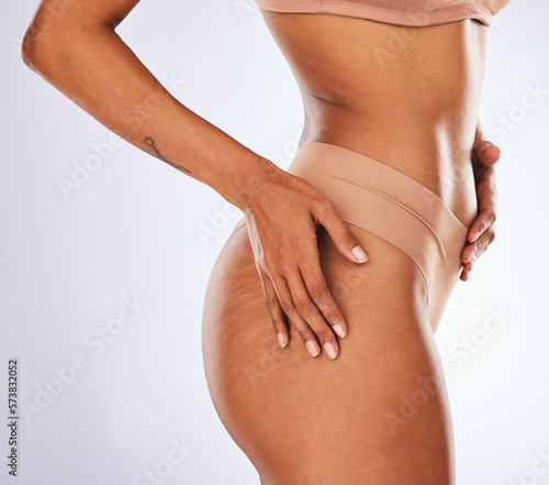 Fotografi Woman, stretch marks and underwear in studio for beauty, dermatology spa and skincare wellness