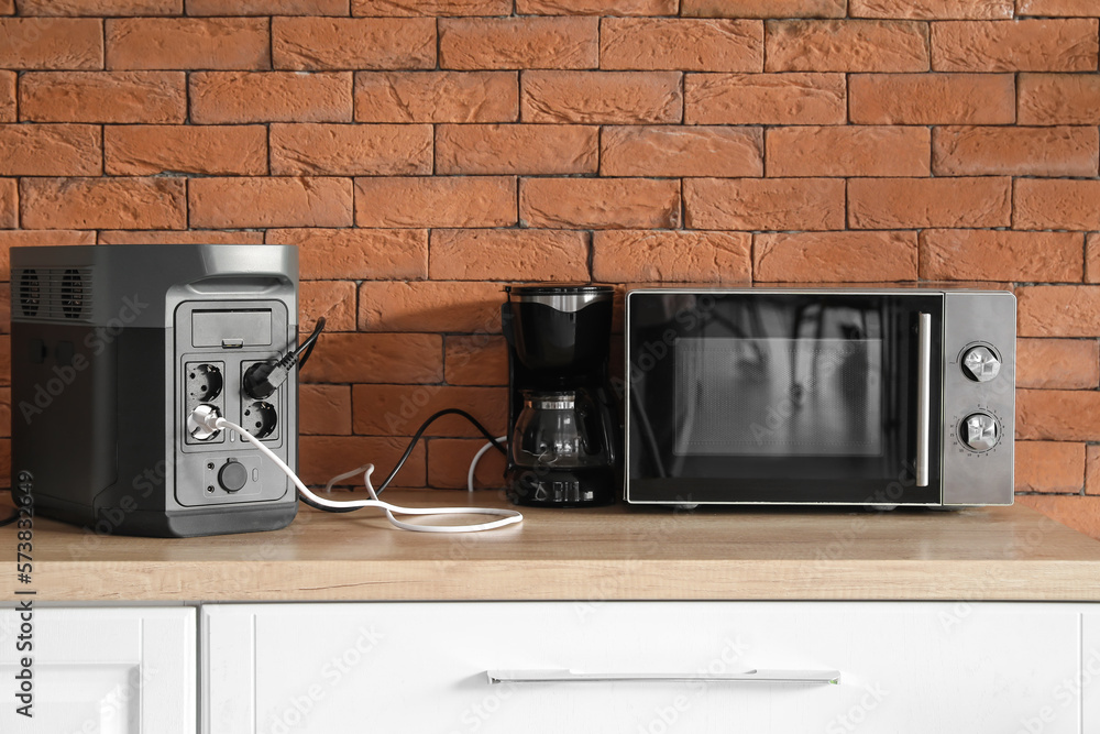 Coffee machine and microwave oven plugged in portable power station on