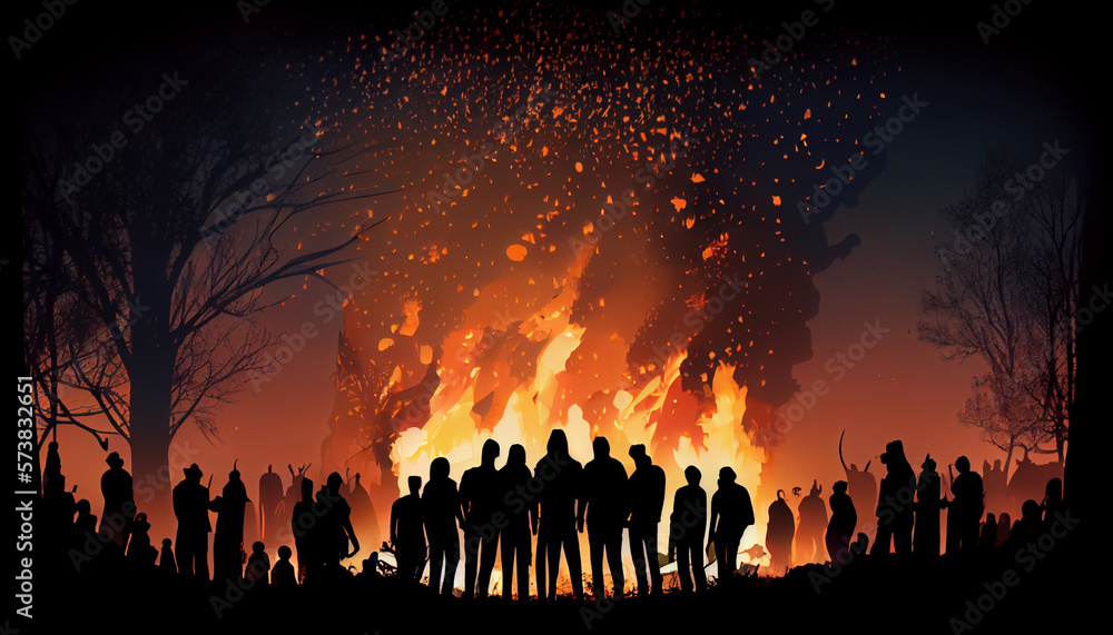Crowd of people in silouethe watching easter fire, generative ai Crowd of people in silouethe watching easter fire, generative ai