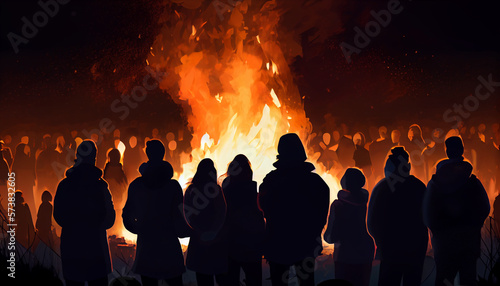 Crowd of people in silouethe watching easter fire, generative ai photo