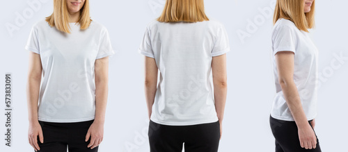 Template of a women's t-shirt of white colors. Front view, side view, back view. Mockup.