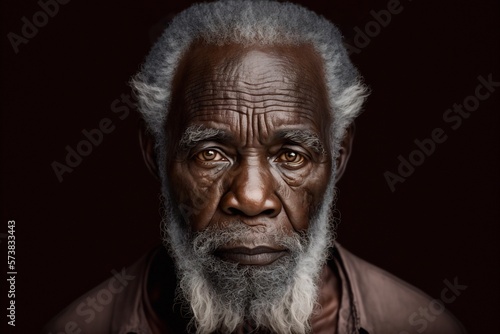 Artistic portrait of old African American man with white hair and beard looking at camera against dark background  generative AI