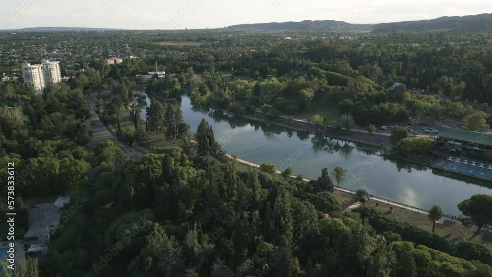 San Martin Park in Mendoza, Argentina, Aerial Drone Above Lake, Green Cityscape of the Andean Urban Landscape, Famous Wine Route Destination San Martin Park in Mendoza, Argentina, Aerial Drone Above Lake, Green Cityscape of the Andean Urban Landscape, Famous Wine Route Destination