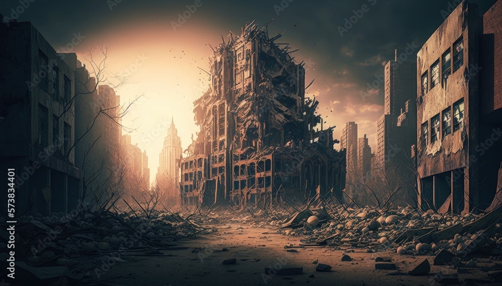 A View of Desolation: The Post-Apocalyptic Ruins of a City, AI generative