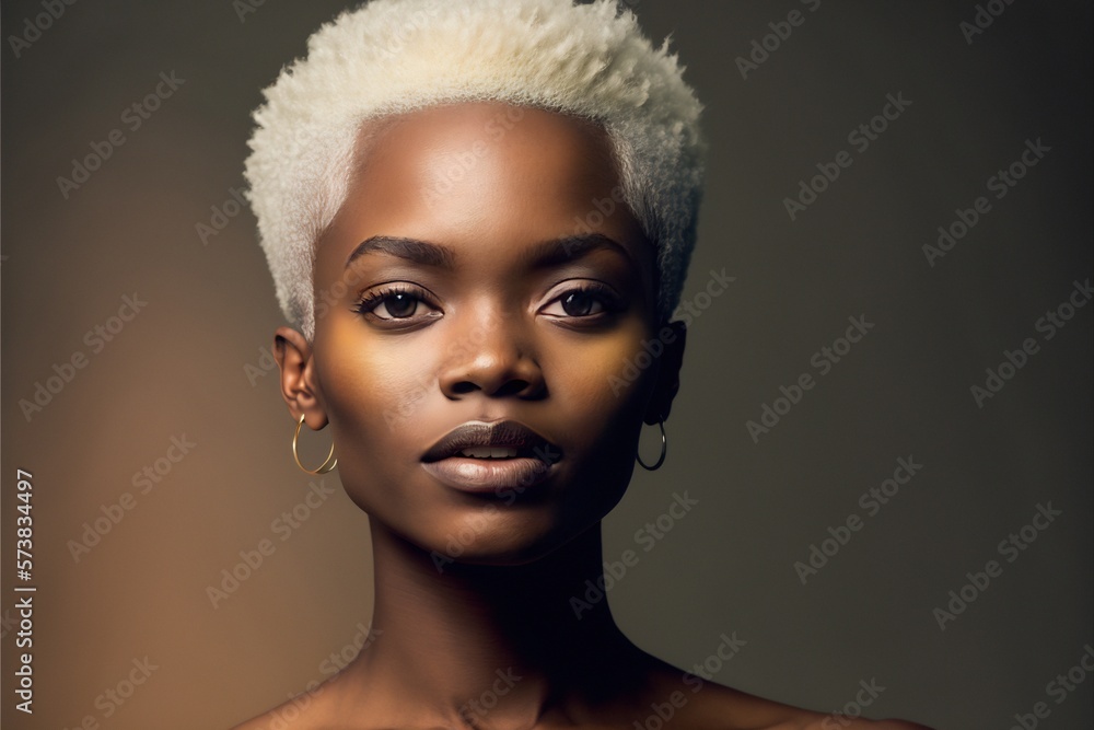 Photo realistic portrait of beautiful black woman with short white hair looking at camera in golden brown tones, Generative AI
