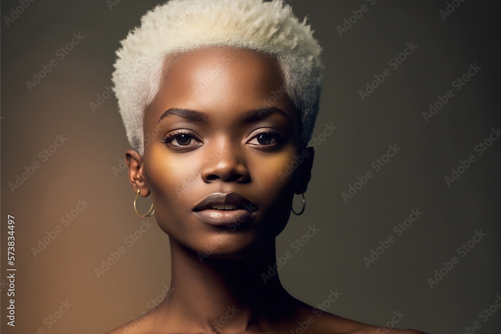 Photo realistic portrait of beautiful black woman with short white hair looking at camera in golden brown tones, Generative AI Photo realistic portrait of beautiful black woman with short white hair looking at camera in golden brown tones, Generative AI