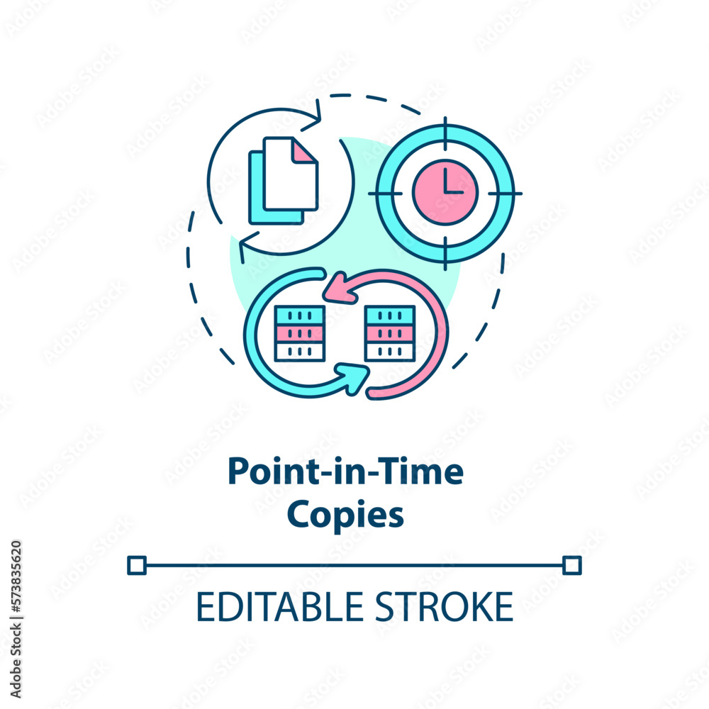 Point-in-time copies concept icon. Database restore. Type of disaster recovery abstract idea thin line illustration. Isolated outline drawing. Editable stroke. Arial, Myriad Pro-Bold fonts used Point-in-time copies concept icon. Database restore. Type of disaster recovery abstract idea thin line illustration. Isolated outline drawing. Editable stroke. Arial, Myriad Pro-Bold fonts used