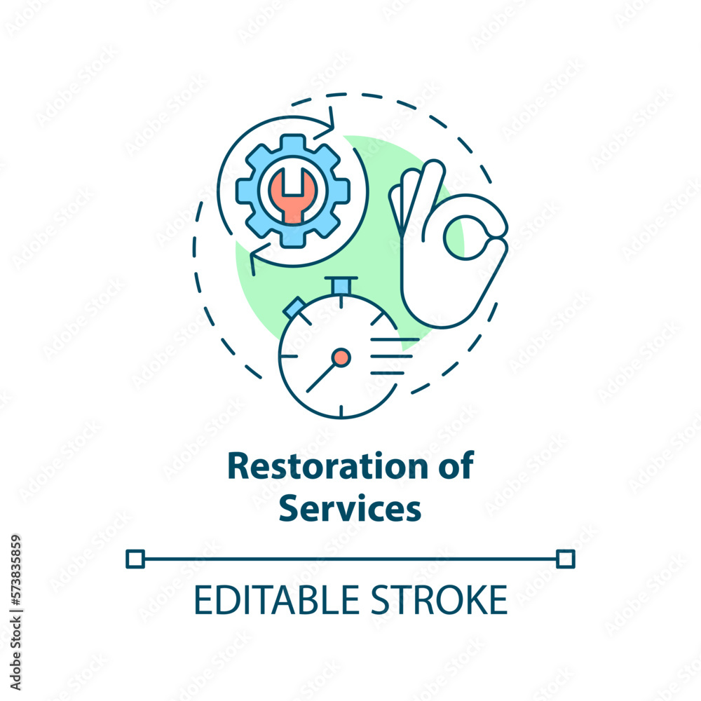 Restoration of services concept icon. Disaster recovery plan benefit abstract idea thin line illustration. Isolated outline drawing. Editable stroke. Arial, Myriad Pro-Bold fonts used Restoration of services concept icon. Disaster recovery plan benefit abstract idea thin line illustration. Isolated outline drawing. Editable stroke. Arial, Myriad Pro-Bold fonts used