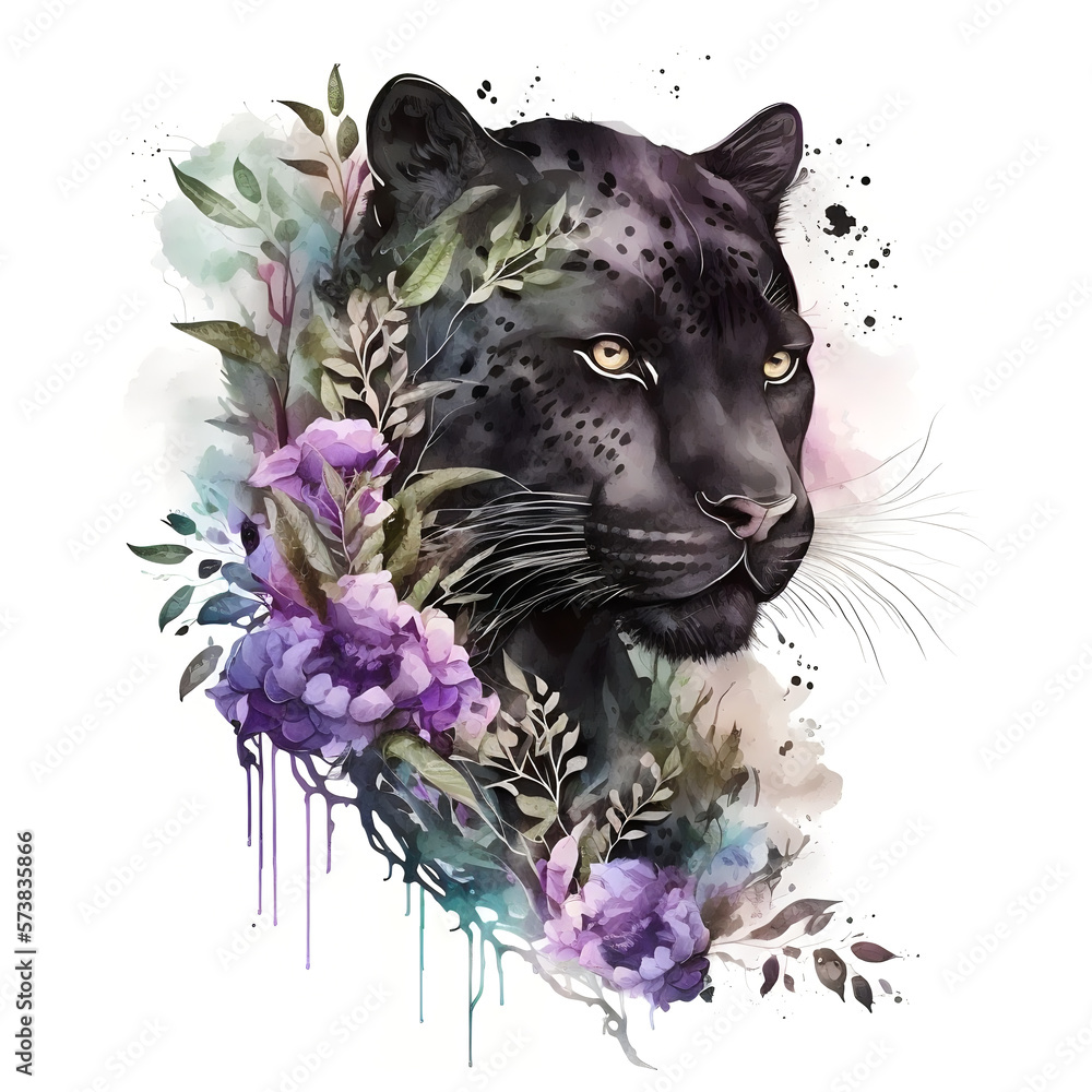 Obraz premium Watercolor black panther with purple flowers illustration. AI generative.