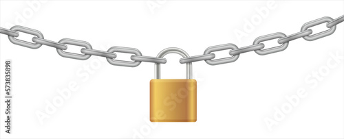 Padlock and chain. Gold metal chain and padlock, handcuffed card, vector