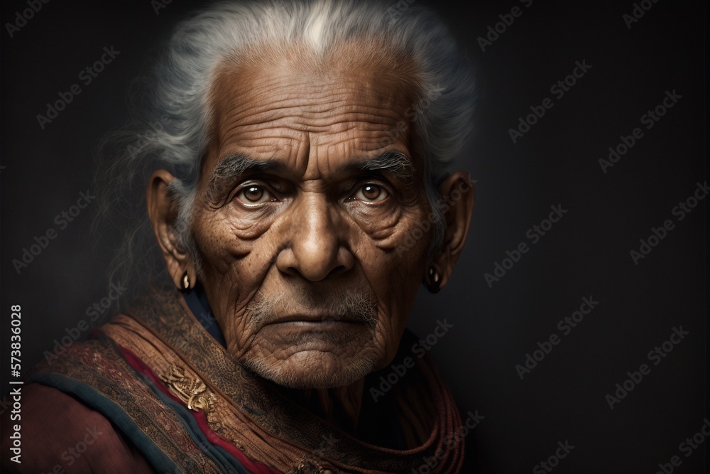 Artistic portrait of senior Indian man wearing native costume with ornaments looking at camera against dark background, generative AI