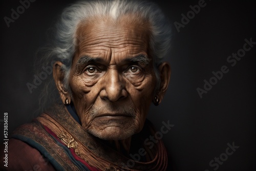 Artistic portrait of senior Indian man wearing native costume with ornaments looking at camera against dark background, generative AI