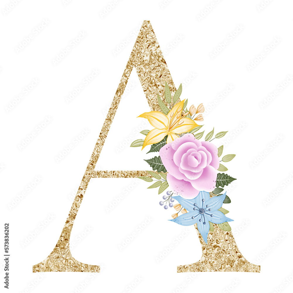 Floral alphabet, gold letter A with watercolor flowers and leaf Stock ...