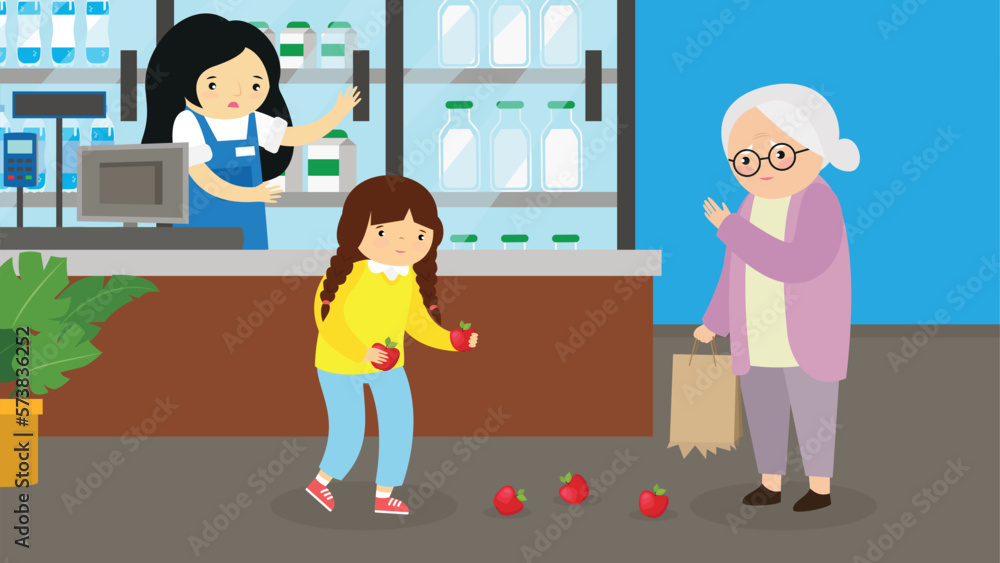 Grandmother and granddaughter at the grocery store. Vector illustration in flat style Grandmother and granddaughter at the grocery store. Vector illustration in flat style