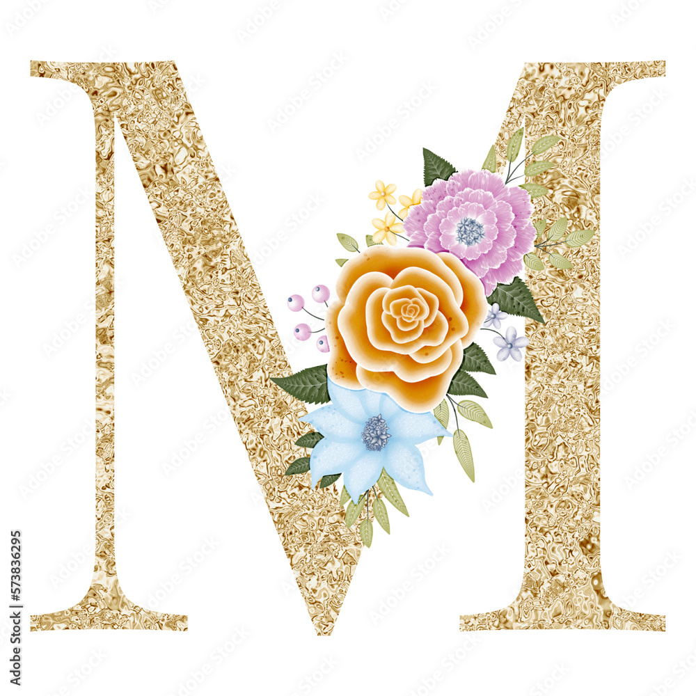 Floral alphabet, gold letter M with watercolor flowers and leaf Stock ...