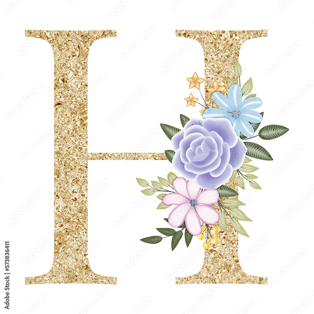 Floral alphabet, gold letter H with watercolor flowers and leaf Stock ...