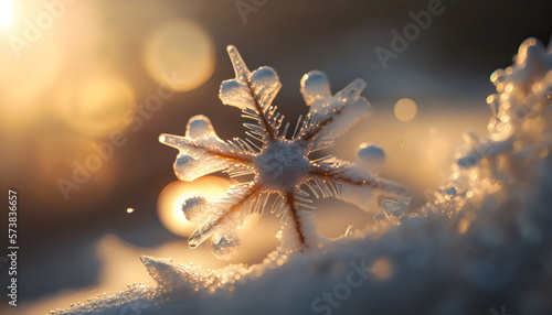 close up of golden sun shining through a snowflake cold winter morning, made with generative ai