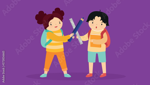 Back to school concept. Cute kids with backpacks. Vector illustration