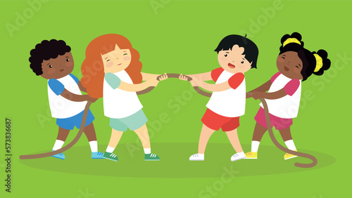 Group of children playing tug of war. Vector illustration in flat style