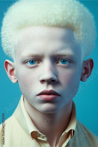 Artistic portrait of young albino boy of African American ethnicity looking at camera in neon blue light, generative AI