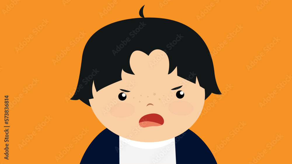 Cute boy with angry facial expression on orange background. Vector illustration. Cute boy with angry facial expression on orange background. Vector illustration.
