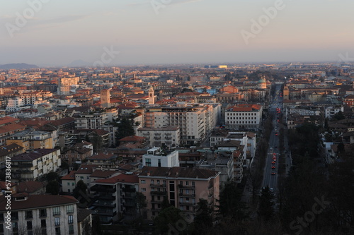 Panoramic view of the city of Bergamo, Italy during sunset with beautiful stone buildings and blue sky in the Italian region of Lombardy