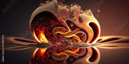 Liquid red amber wave splash, hot fiery abstract flames. Blazing hot wallpaper background image - generative AI.