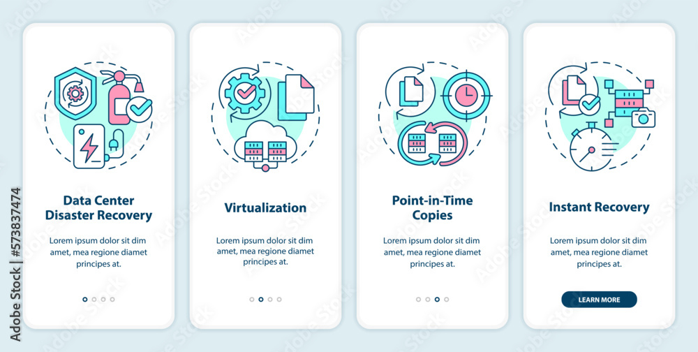 Disaster recovery approaches onboarding mobile app screen. Walkthrough 4 steps editable graphic instructions with linear concepts. UI, UX, GUI template. Myriad Pro-Bold, Regular fonts used