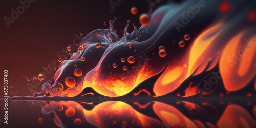 Liquid red amber wave splash  hot fiery abstract flames. Blazing hot wallpaper background image - generative AI.