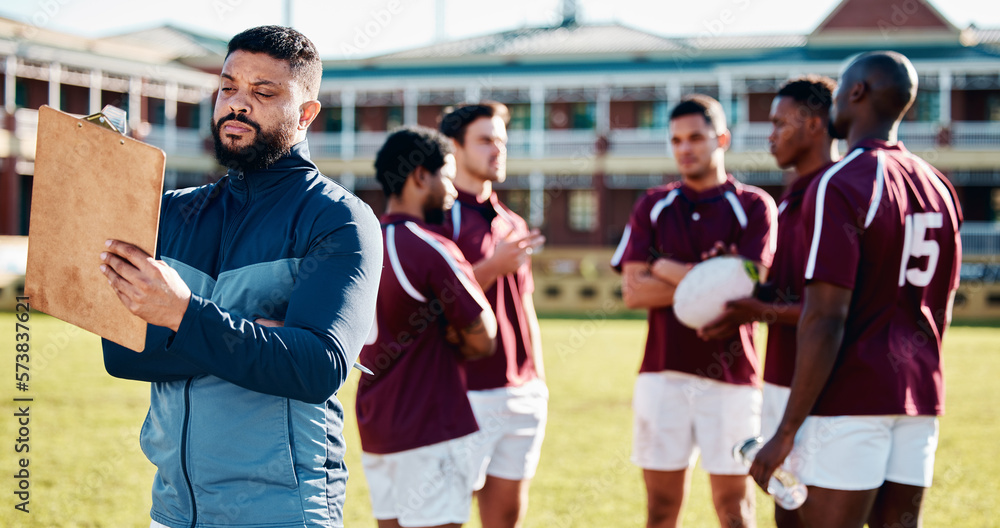Coaching, rugby or man writing with a strategy, planning or training progress with a game field formation. Leadership, mission or manager with sports men or athlete group for fitness or team goals Coaching, rugby or man writing with a strategy, planning or training progress with a game field formation. Leadership, mission or manager with sports men or athlete group for fitness or team goals
