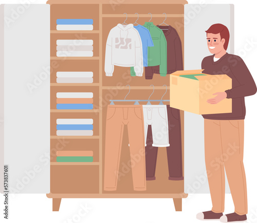 Man with box near open bedroom closet semi flat color vector character. Editable figure. Full body person on white. Simple cartoon style spot illustration for web graphic design and animation