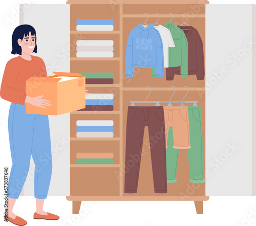 Woman with cardboard box near open wardrobe semi flat color vector character. Editable figure. Full body person on white. Simple cartoon style spot illustration for web graphic design and animation