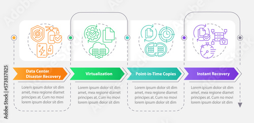 Disaster recovery approaches rectangle infographic template. Data visualization 4 steps. Editable timeline info chart. Workflow layout with line icons. Myriad Pro-Bold, Regular fonts used