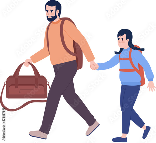 Father and daughter refugees with belongings semi flat color vector characters. Editable figures. Full body people on white. Simple cartoon style spot illustration for web graphic design and animation