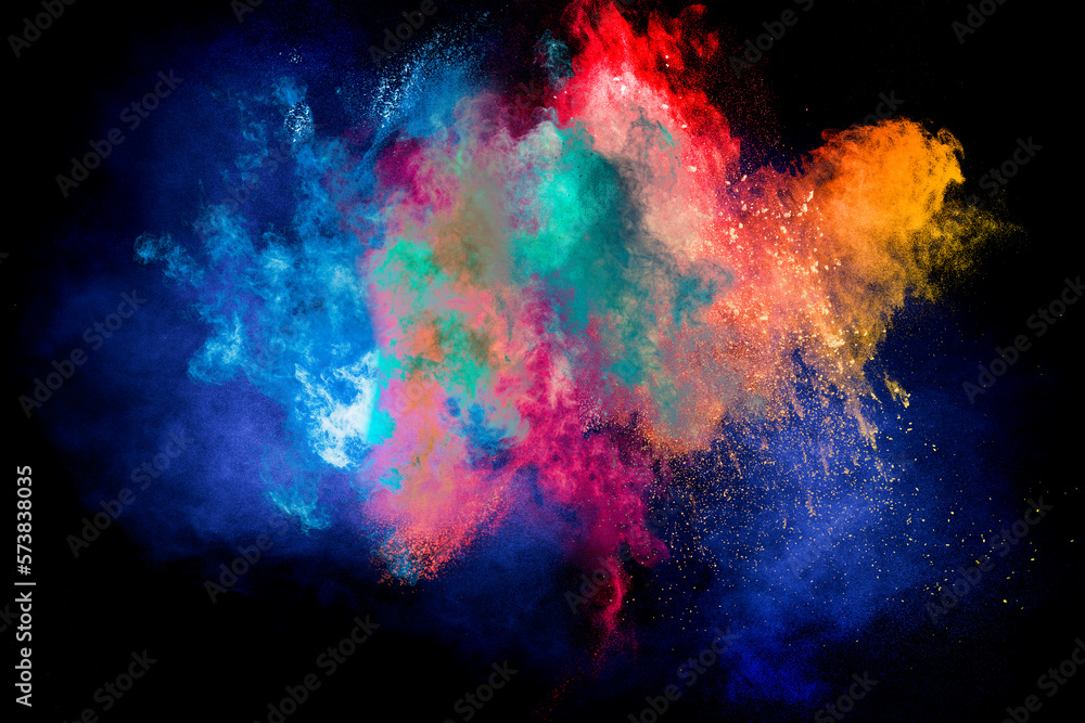 Throw color powder on dark background.Explosion of colored powder isolated on black background.