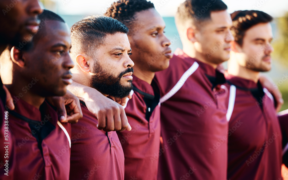 Rugby, diversity or team with solidarity or support ready for a tournament match event or sports training. Men, fitness or group of male athletes in unity or collaboration for a game in a stadium Rugby, diversity or team with solidarity or support ready for a tournament match event or sports training. Men, fitness or group of male athletes in unity or collaboration for a game in a stadium